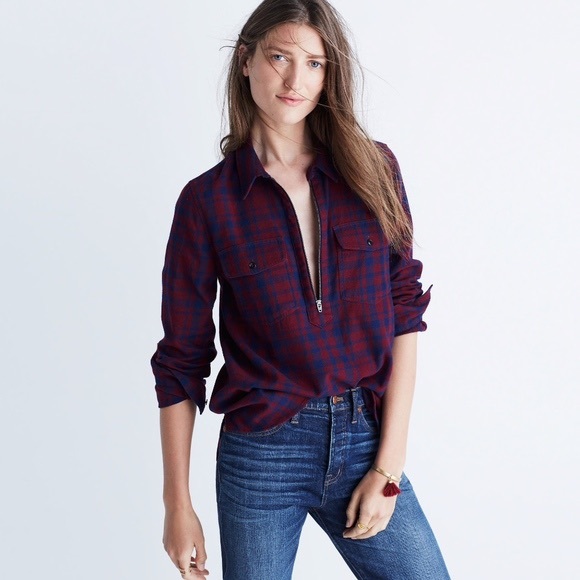 Madewell Tops - Red blue plaid quarter zip